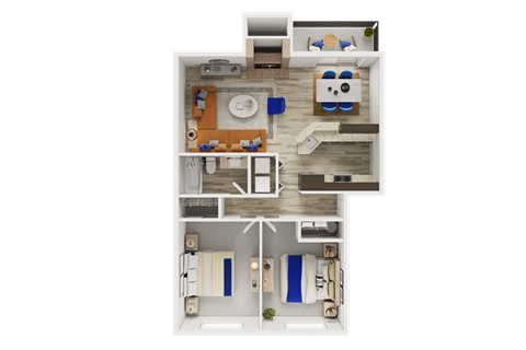 Floor plan for 2 beds, 1 bath, 949 sqft